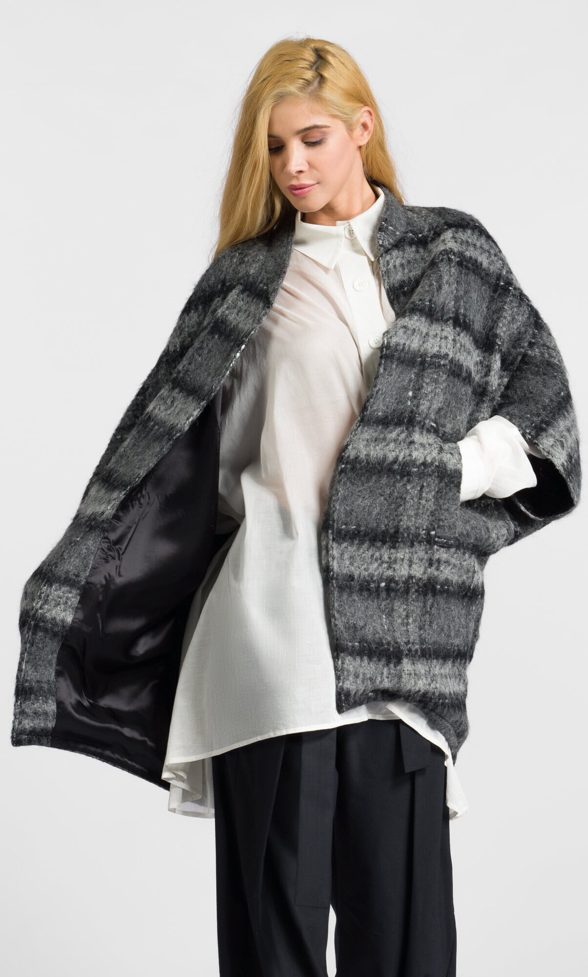 Karierter Poncho Midi Ärmel Weste Wolle Warme Herbst A92074 von Aakasha