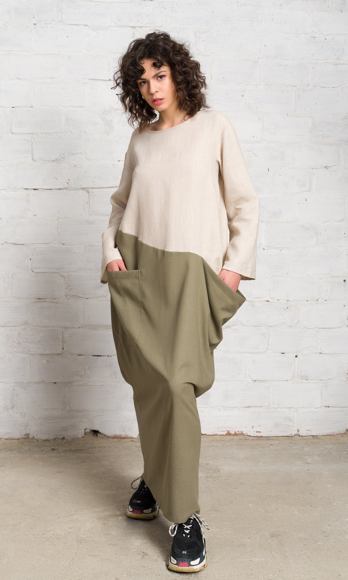 Maxikleid Aus Leinen, Zweifarbiges Boho Kleid Mit Taschen von Aakasha