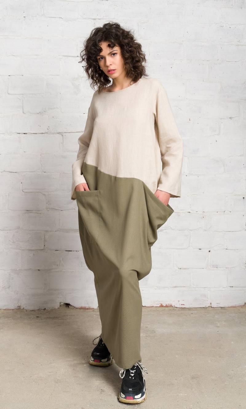 Maxikleid Aus Leinen, Zweifarbiges Boho Kleid Mit Taschen von Aakasha
