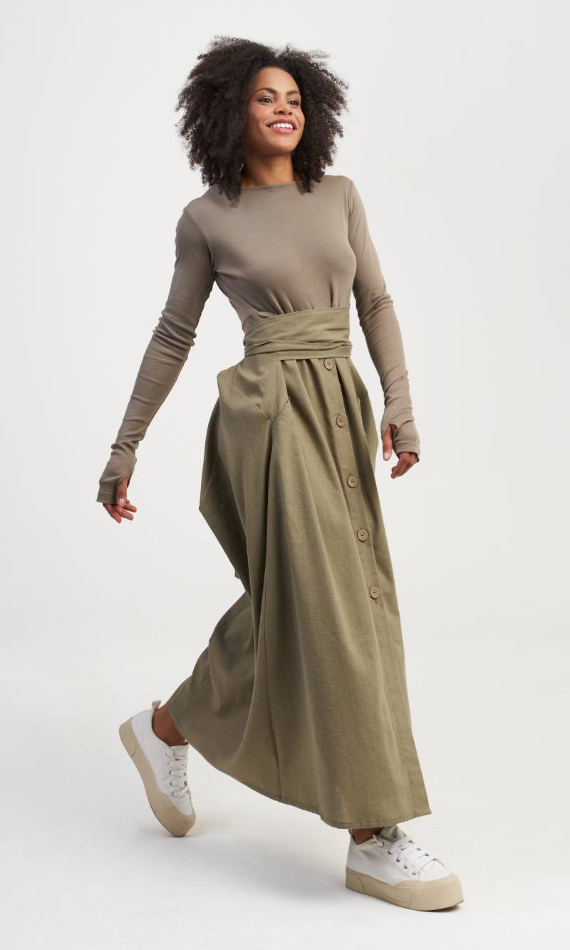 Leinen Maxi Kleid Mit Gürtel, Langarm Geknöpft Baumwollmischung Seitentasche Gewickelt Stil von Aakasha