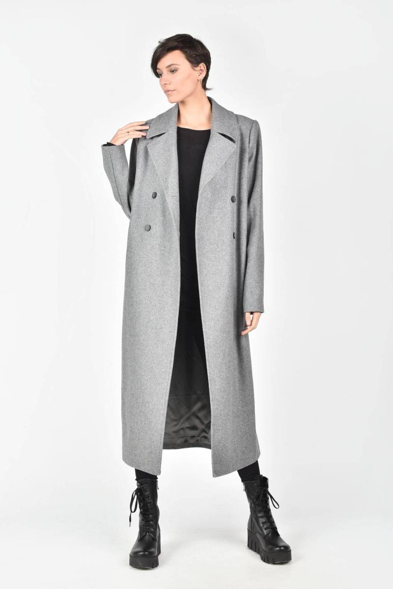 Maxi Grauer Wollmantel/Gefütterter Mantel Gürtel Und Seitentaschen Zweireihiger Handgefertigt Von Aakasha A07713 von Aakasha