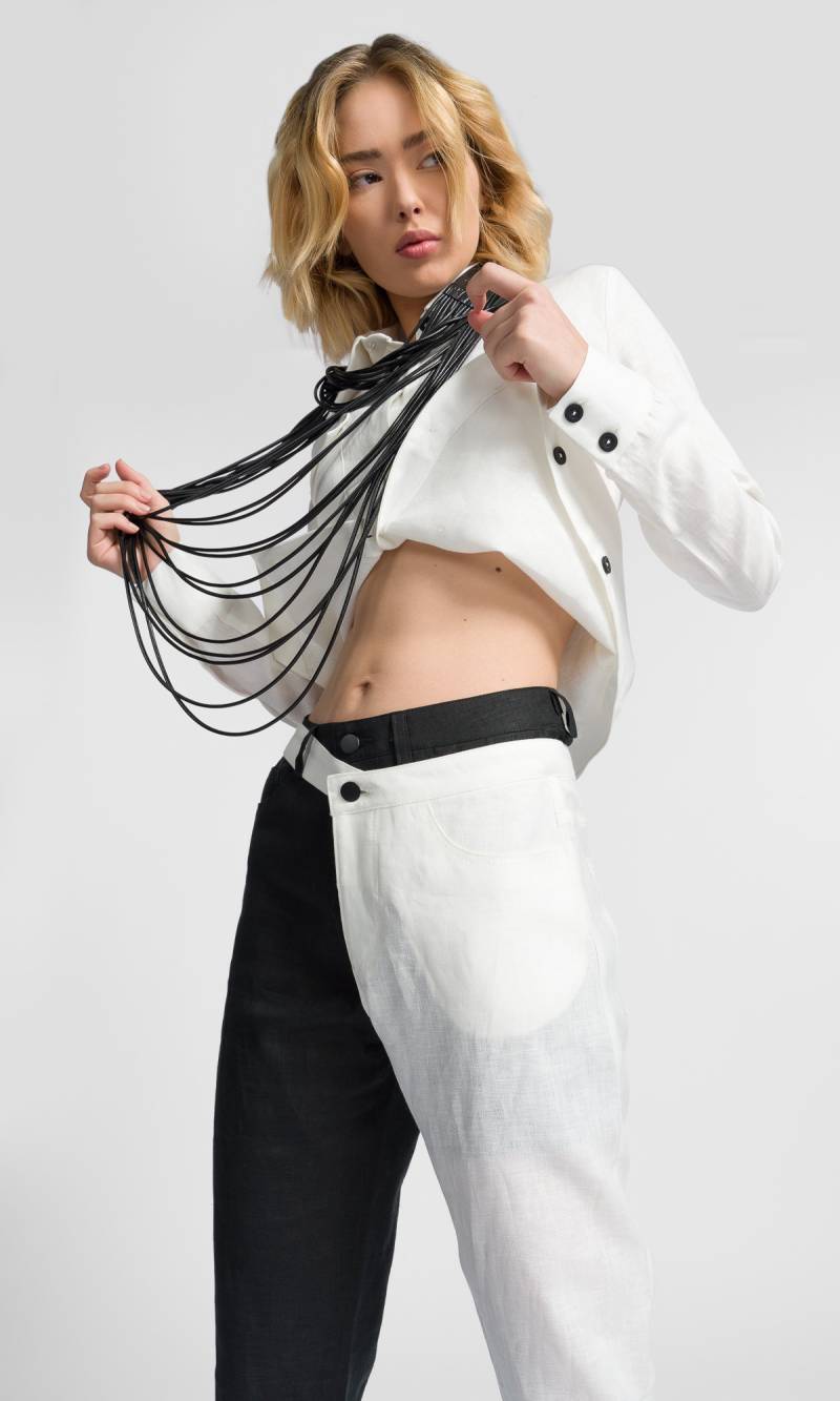 Plus Size Zweifarbige Leinenhose, Abnehmbare Sommerhose von Aakasha