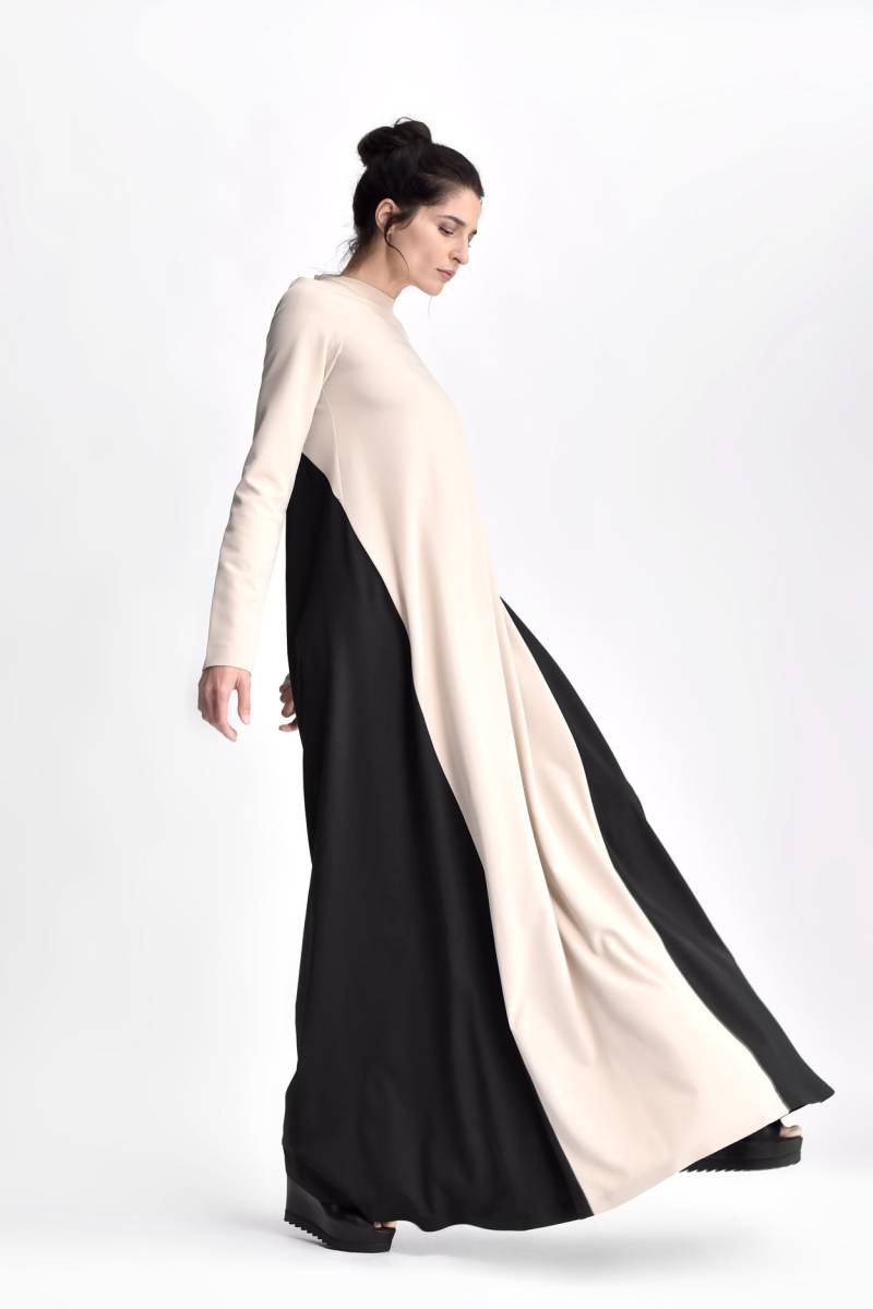 Plus Size Maxi Kaftan Kleid, Langarm Color Block Kleid Seitentaschen von Aakasha