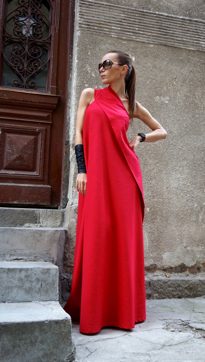 Rotes Leinen Maxi Kleid, Eine Schulter Party Kaftan von Aakasha