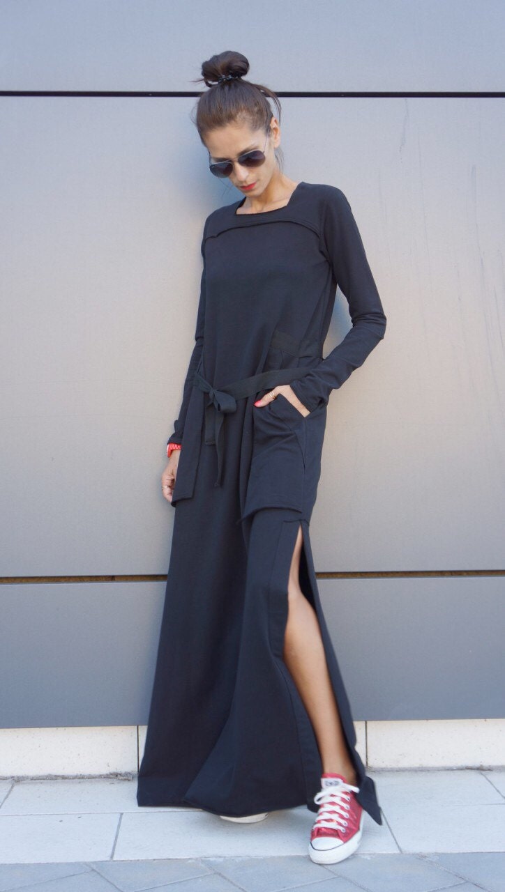 Über Größe Maxi Kleid/Schwarzer Kaftan Baumwollkleid Mit Seitlichen Taschen Extravagantes Baumwoll Partykleid Daywear A03464 von Aakasha