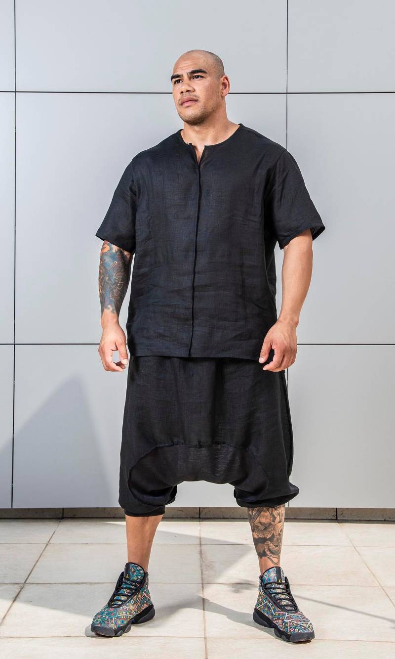 Leinenbluse Mit Kerbausschnitt Von Aakashamen A92168M von AakashaMen