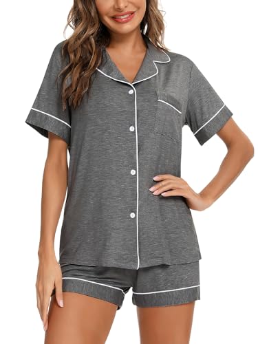 Aamikast Button Up Pyjama Set für Damen Shorts Kurzarm Strick Nachtwäsche 2 Pice Pjs Sets, Grau, S von Aamikast