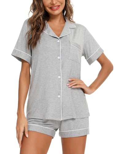 Aamikast Pyjama-Set mit Knopfleiste für Damen, kurze Ärmel, Strick-Nachtwäsche, 2-teiliges Pyjama-Set, Hellgrau, XXL von Aamikast