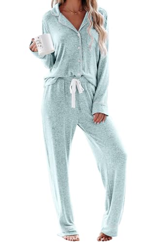Schlafanzug Damen Lang Pyjama Sets mit Knopfleiste Zweiteiliger Nachtwäsche Hausanzug(L,Gletscher Blau) von Aamikast