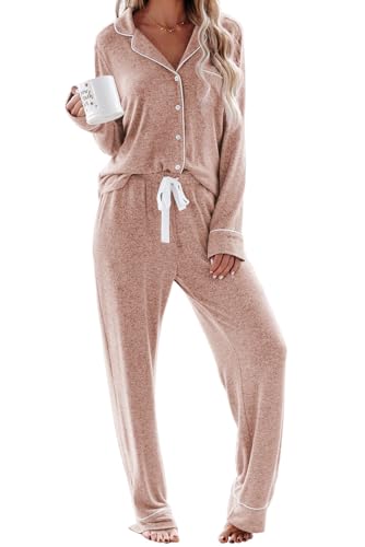 Schlafanzug Damen Lang Pyjama Sets mit Knopfleiste Zweiteiliger Nachtwäsche Hausanzug(L,Mokka) von Aamikast
