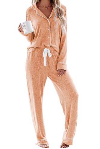 Schlafanzug Damen Lang Pyjama Sets mit Knopfleiste Zweiteiliger Nachtwäsche Hausanzug(L,Sonnenuntergang Gelb) von Aamikast