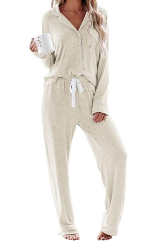 Schlafanzug Damen Lang Pyjama Sets mit Knopfleiste Zweiteiliger Nachtwäsche Hausanzug(M,Aprikose) von Aamikast