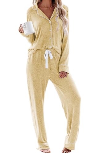 Schlafanzug Damen Lang Pyjama Sets mit Knopfleiste Zweiteiliger Nachtwäsche Hausanzug(M,Hellgelb) von Aamikast