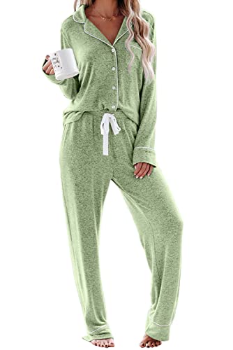 Schlafanzug Damen Lang Pyjama Sets mit Knopfleiste Zweiteiliger Nachtwäsche Hausanzug(M,Obst grün) von Aamikast