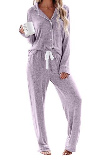 Schlafanzug Damen Lang Pyjama Sets mit Knopfleiste Zweiteiliger Nachtwäsche Hausanzug(S,Lilac) von Aamikast