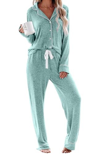 Schlafanzug Damen Lang Pyjama Sets mit Knopfleiste Zweiteiliger Nachtwäsche Hausanzug(XL,Blauer See) von Aamikast