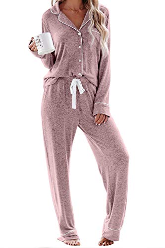 Schlafanzug Damen Lang Pyjama Sets mit Knopfleiste Zweiteiliger Nachtwäsche Hausanzug(XL,Rosa) von Aamikast