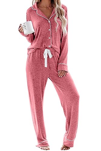 Schlafanzug Damen Lang Pyjama Sets mit Knopfleiste Zweiteiliger Nachtwäsche Hausanzug(XS,Roter See) von Aamikast