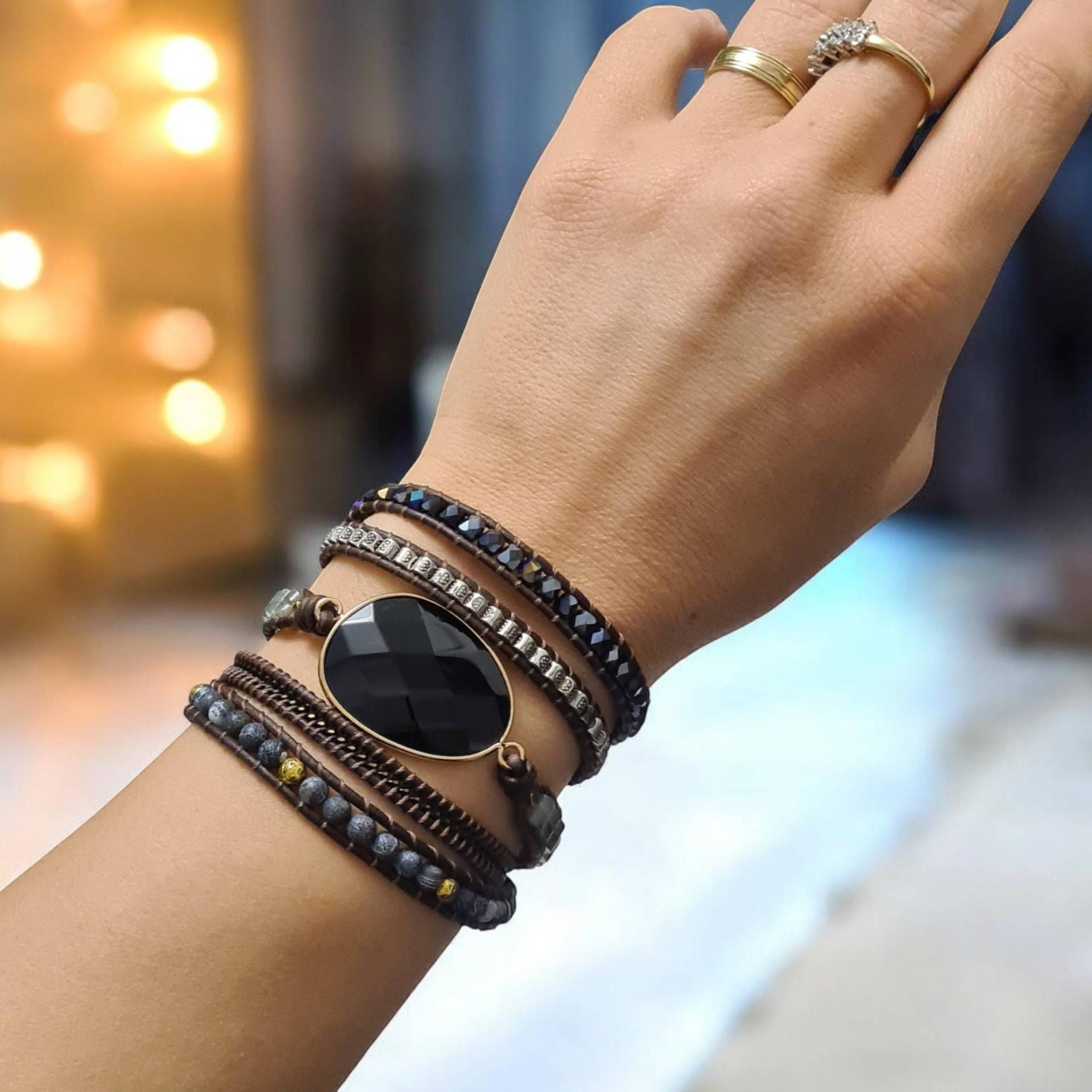 Achat Charm Wrap, Labradorit Positive Energie Schmuck, Vintage Multi-strand Leder Schwarze Naturstein Perlen, Kristall Armband Achat Charm Wrap, Labradorit Positive Energie Schmuck, Vintage Multi-strand Leder Schwarze Naturstein Perlen, Kristall Armband von AandMByNiki