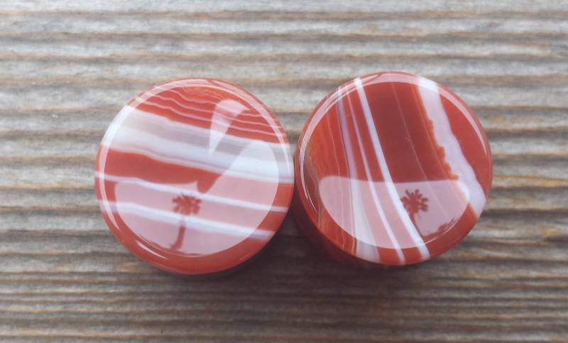 Ein Paar Echte Konkave Rote Streifen Achat Plugs Gauges Körperschmuck Double Flared - Pick Size von AandSCrystals