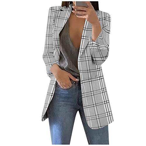 Aanlun Damen Blazer Elegant Business Gitter Einfarbig Slim Fit Jacke Anzugjacke Blazer mit Langen Ärmeln Blazer Open Cardigan Freizeit Revers Geschäft Büro Herbst Freizeit Coat 01-Grau XL von Aanlun