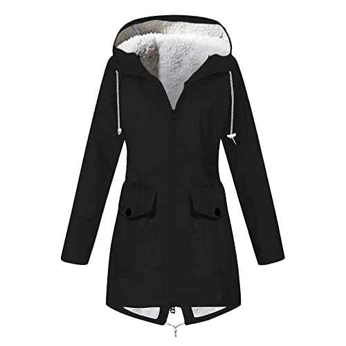 Aanlun Winter Übergangsjacke Damen Regenjacke mit Reißverschluss Hoody Gepolstertes Futter Gefüttert Regenjacken Elegantes Warme Langärmlige Solid Kapuzen Oversize Winddichtjack 01-Schwarz M von Aanlun