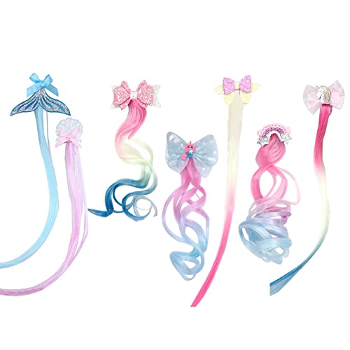 Locken Haarverlängerung Clips, 7 Stück Haarsträhnen Kinder Einhorn Bogen Prinzessin Haarspangen Mädchen Haarschmuck Bunte Haarsträhnen, Haarschmuck Mädchen Bunte Haarteile Party Ankleiden von Little World