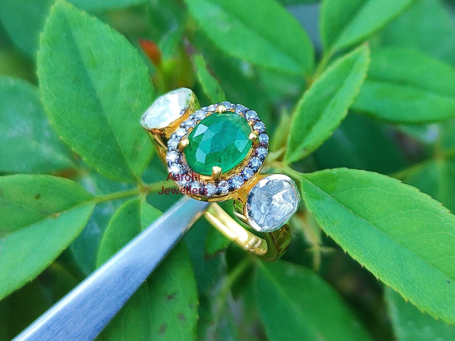 Polki Diamant Ring, Smaragd Edelstein Verlobungsring, 925 Sterling Silber Ring Handgemachter Ehering, Geschenk Für Sie von Aarohijewellers