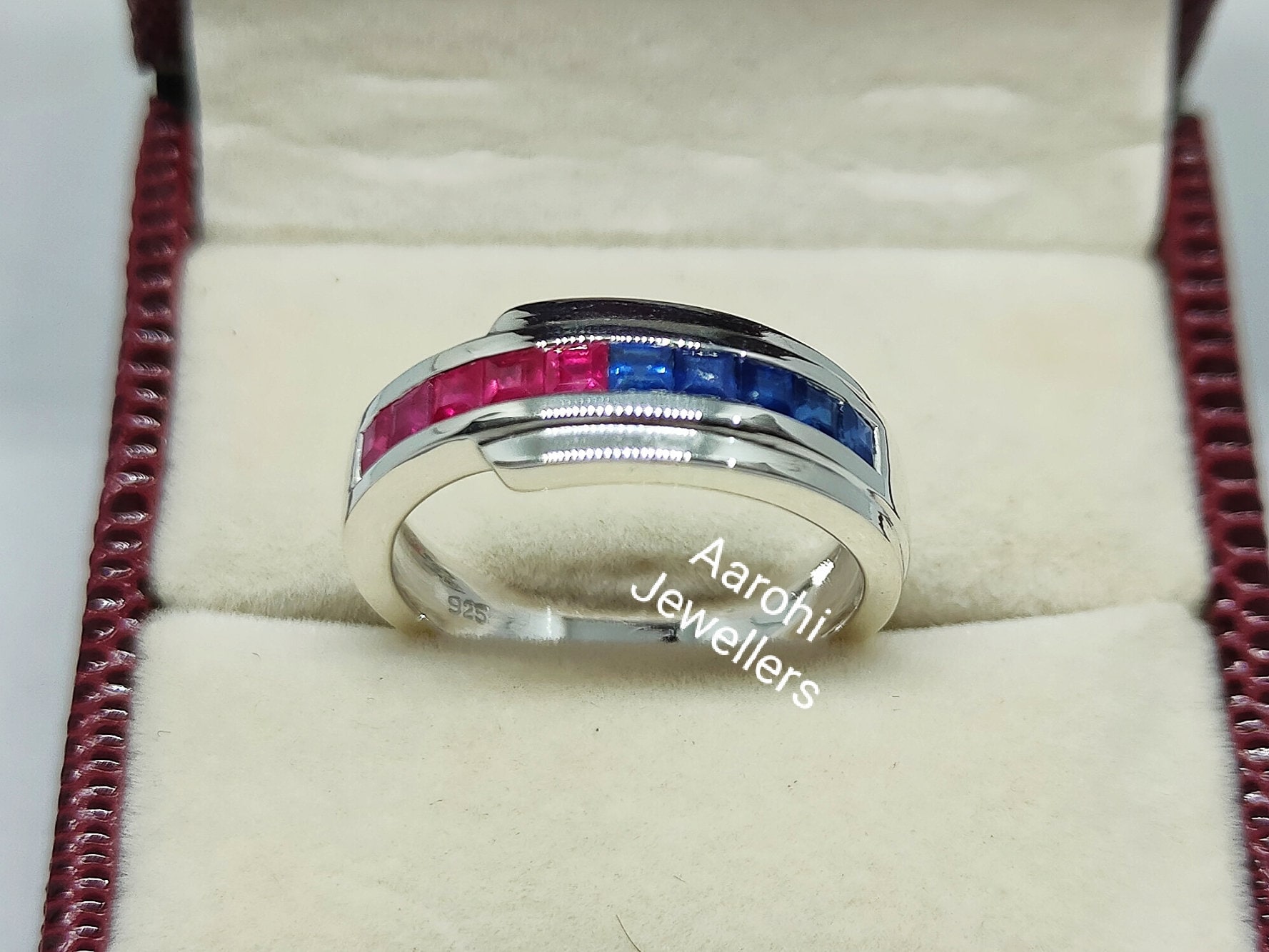 Princess Cut Rubin Ring, Blauer Saphir Herrenring, Ehering 925 Sterling Silber, Jahrestagsgeschenke Für Ihn von Aarohijewellers