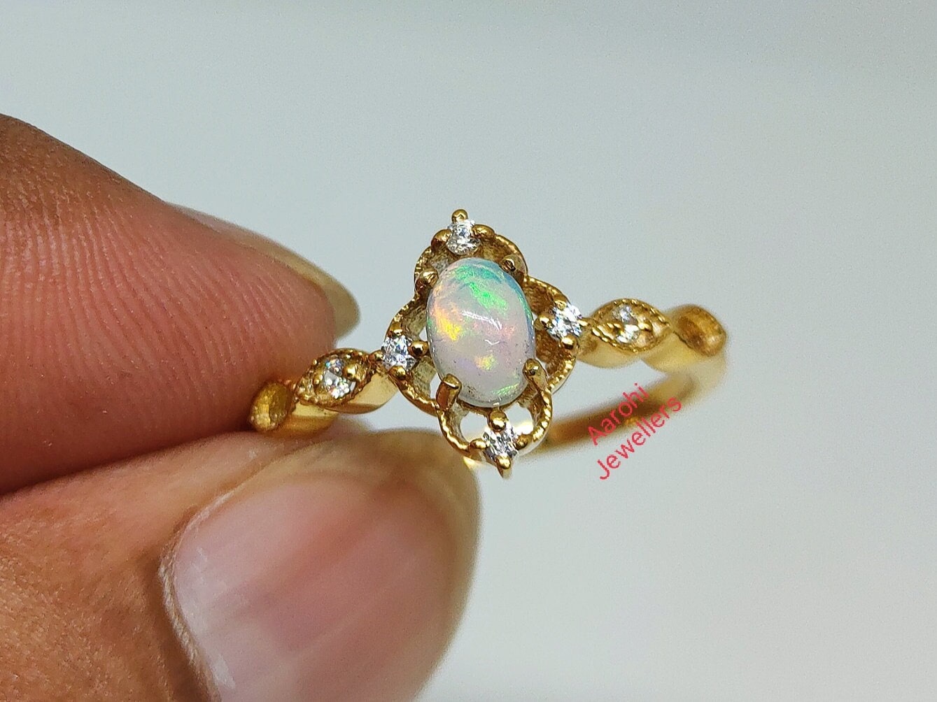 Vintage Opal Ring, 14K Gelb Gold Und Diamant Verlobungsring, Ehering, Weißer Versprechen Geschenk Für Sie von Aarohijewellers