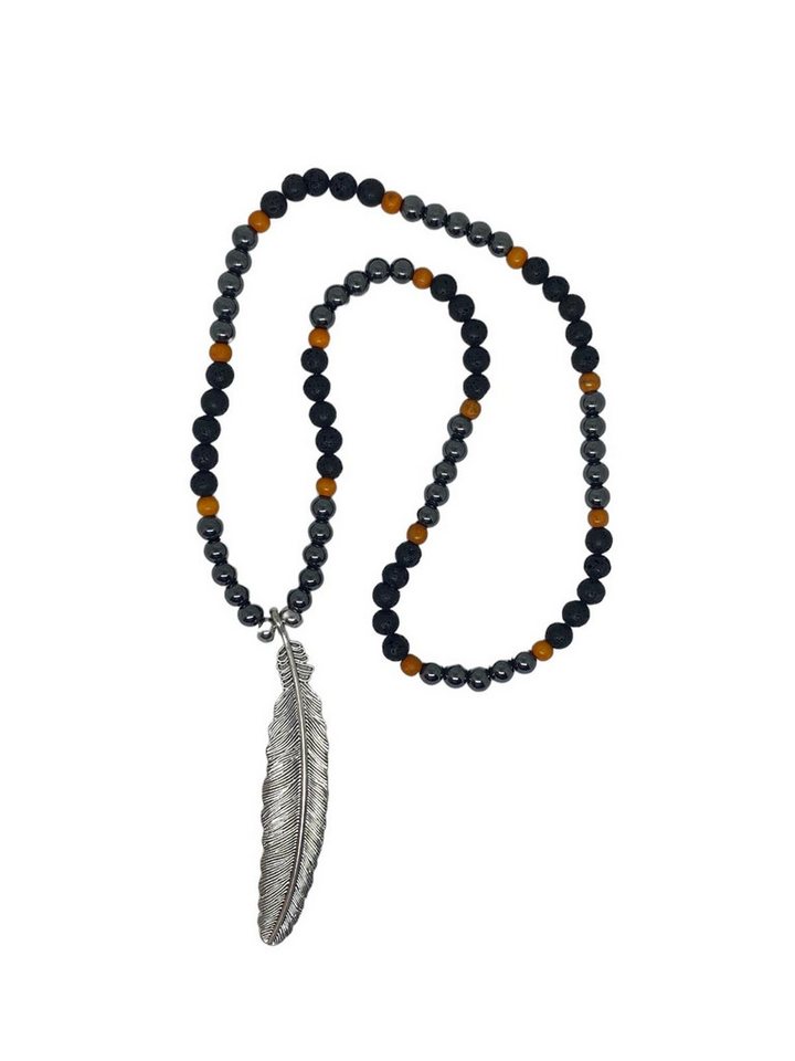 Aaron Bane Perlenkette Lava Perlenkette mit Holzbeads Damen Herren Feder Anhänger Hand Made von Aaron Bane