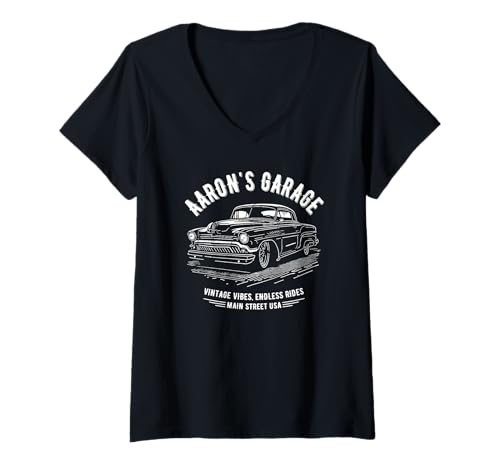 Damen Aaron's Garage Hotrod Classic Car Personalisiertes Aaron-Design T-Shirt mit V-Ausschnitt Damen Aaron's Garage Hotrod Classic Car Personalisiertes Aaron-Design T-Shirt mit V-Ausschnitt von Aaron's Hotrod Garage Designs for the Name Aaron
