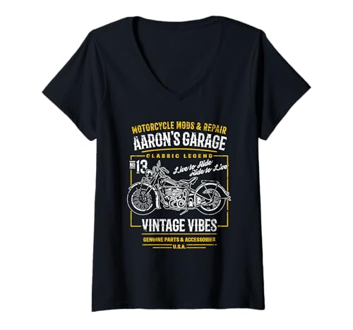 Damen Aaron's Garage Vintage Motorrad Design für den Namen Aaron T-Shirt mit V-Ausschnitt von Aaron's Hotrod Garage Designs for the Name Aaron