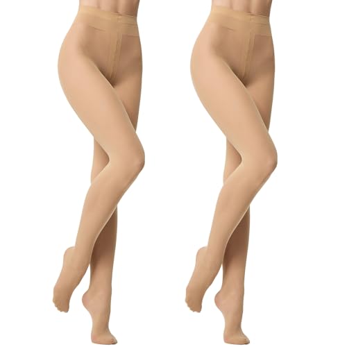 Aaronano 2 Paar Extrem Strapazierfähige Strumpfhose für Damen 10 Denier Halbtransparente Mit Kontrolloberteil und Hohem Bund Nackt L-XL von Aaronano