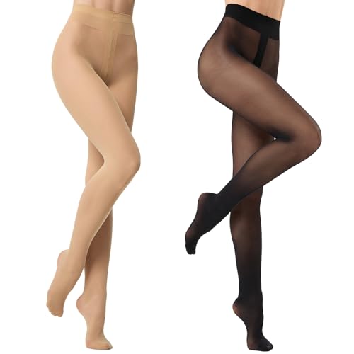 Aaronano 2 Paar Extrem Strapazierfähige Strumpfhose für Damen 10 Denier Halbtransparente Mit Kontrolloberteil und Hohem Bund Schwarz/Nackt L-XL von Aaronano