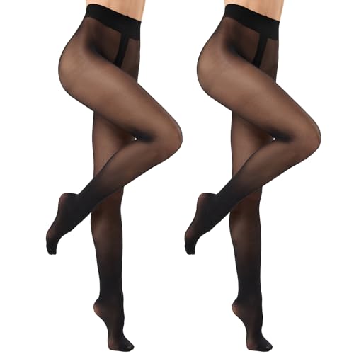 Aaronano 2 Paar Extrem Strapazierfähige Strumpfhose für Damen 10 Denier Halbtransparente Mit Kontrolloberteil und Hohem Bund Schwarz L-XL von Aaronano