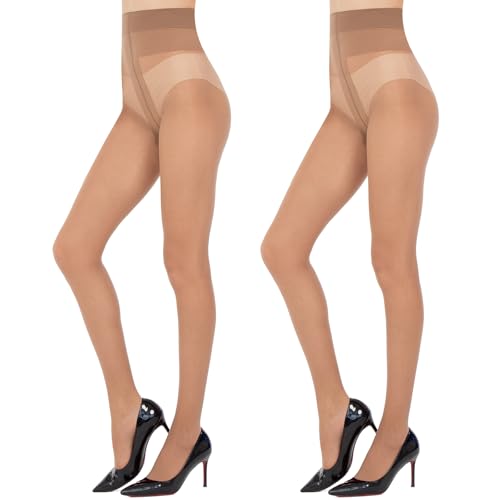 Aaronano 2 Paar Strumpfhose Damen Laufmaschen Feinstrumpfhose Transparente Strumpfhose 10Denier Braun L-XL von Aaronano