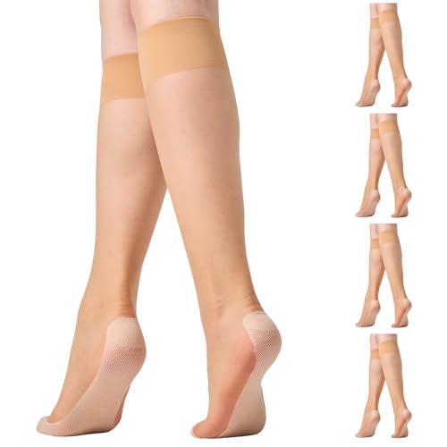 Aaronano 4 Paar Kniestrümpfe für Damen Nylon-Pop-Socken Anti-Rutsch-Kniestrümpfe 10 Denier Einheitsgröße Nackt von Aaronano