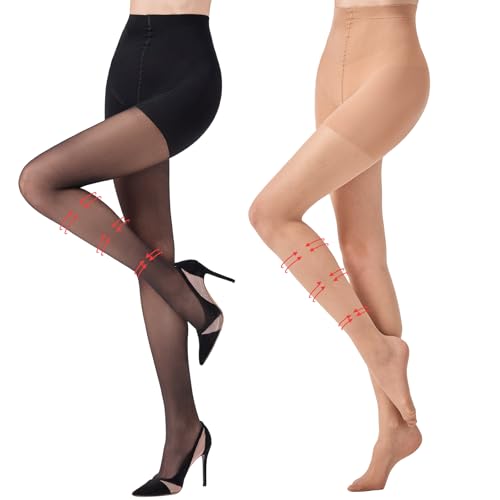 Aaronano Damen Kompressionsstrumpfhose Transparente Figurformende Stützstrumpfhose 30Denier 1 Paar Schwarz 1 Paar Natur S von Aaronano