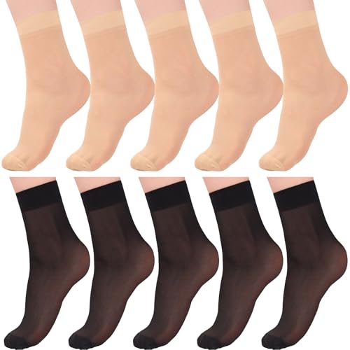Aaronano Damen Nylonstrümpfe 10 Paar Nylon Socken Transparente Socken Damen Verstärkten Zehen Feinsöckchen Schwarz/Nude von Aaronano