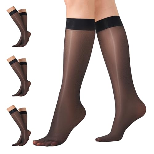 Aaronano Glitzer Kniestrümpfe Damen Feinstruempfe 3 Paar 40D Transparent Nylonstrümpfe Socken,Schwarz,Hautfarben von Aaronano