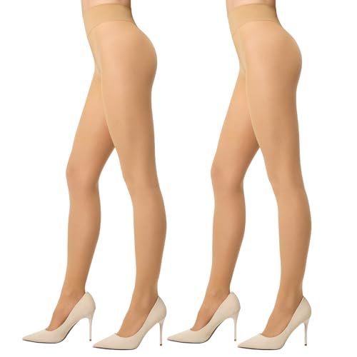 Aaronano Reißfeste Strumpfhose für Damen Hohe Taille Komfortbund Feinstrumpfhose Langlebige Nylon Damenstrumpfhosen Semi-Blickdicht 2 Paar Natur S von Aaronano