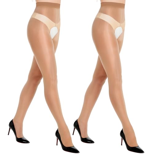 Aaronano Strumpfhose mit Offen Schritt Strapsstrumpfhose Ölig Glanzstrumpfhosen 2 Paar Braun S-M von Aaronano