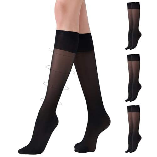 Aaronano Stützkniestrümpfe für Damen Kniestrümpfe 3 Paar 40D Transparent Nylonstrümpfe Kompression Pop Socken,Schwarz,Hautfarben von Aaronano
