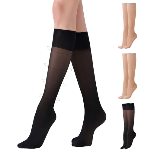 Aaronano Stützkniestrümpfe für Damen Kniestrümpfe 3 Paar 40D Transparent Nylonstrümpfe Kompression Pop Socken,Schwarz,Hautfarben von Aaronano
