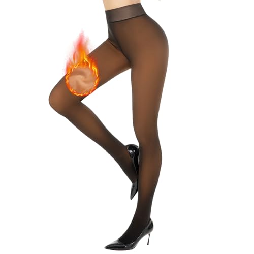 Aaronano Thermo Strumpfhose Damen Winter Gefütterte Strumpfhose Fleece Warm Dick Gefälschte Durchscheinende Thermo Leggings Karamell L-XL von Aaronano