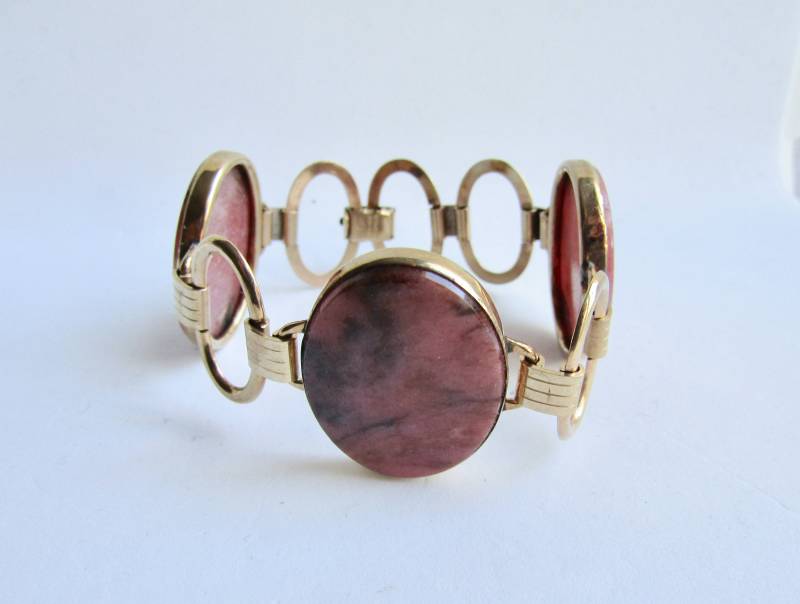 Art-Deco-Vintage Signiert Eb Engel Brothers 10K Gf Rosa Und Schwarz Rhodonit Cabochon Link Armband von AartsyLC