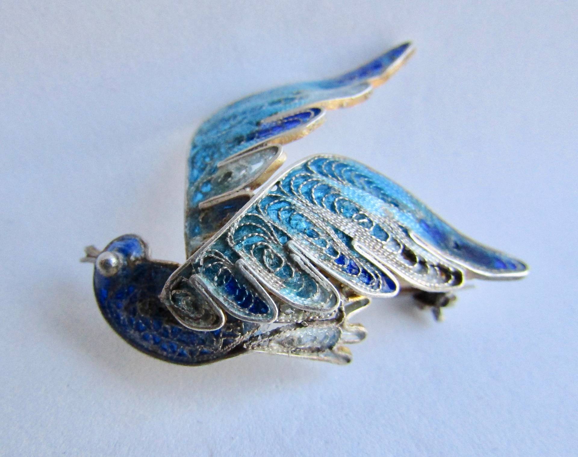 Vintage Filagree Plique A Jour Glasmalerei 800Er Silbergehalt Vogelbrosche von AartsyLC