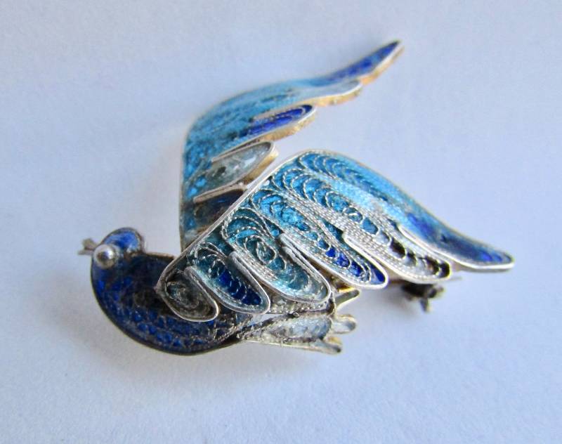 Vintage Filagree Plique A Jour Glasmalerei 800Er Silbergehalt Vogelbrosche von AartsyLC