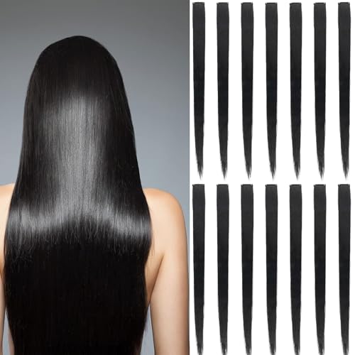 Aatpuss 12 Stück Haarverlängerung, Geklebtes Schwarzes Echthaarteil, Clip In Extensions, Extensions Schwarz, Hochwertiges Schwarzes Echthaar, Schwarze Haar Für Frauen Mit Haarausfall Erweiterungen von Aatpuss